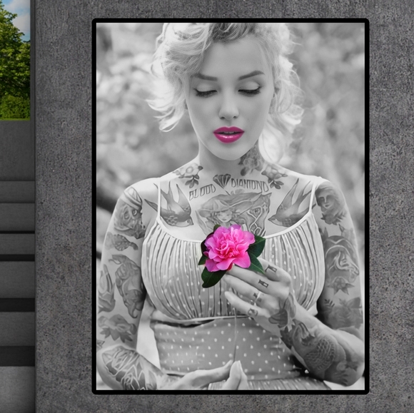 Marilyn Monroe B&W Tattooed Poster Pink Flower 12×18 Framed and